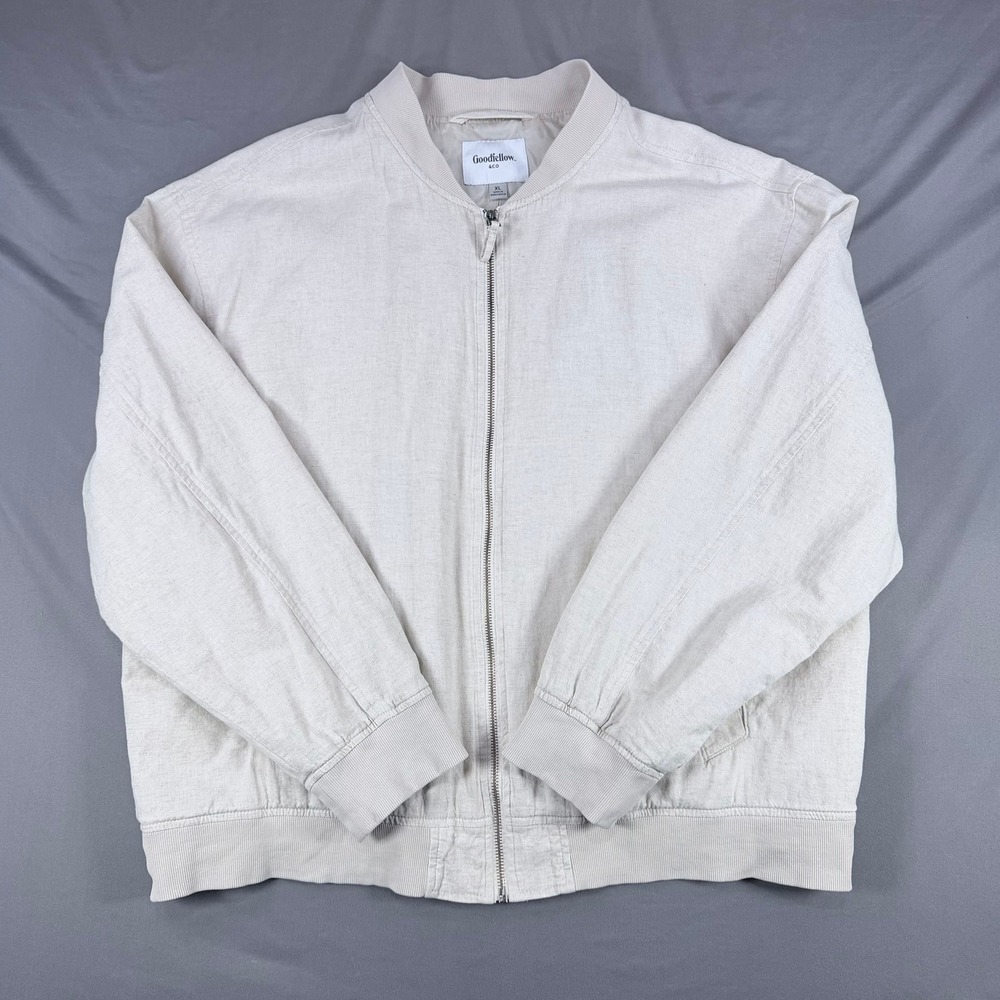 Goodfellow Mens XL Tan Cotton Linen Varsity Jacket Full Zip Bomber Lightweight